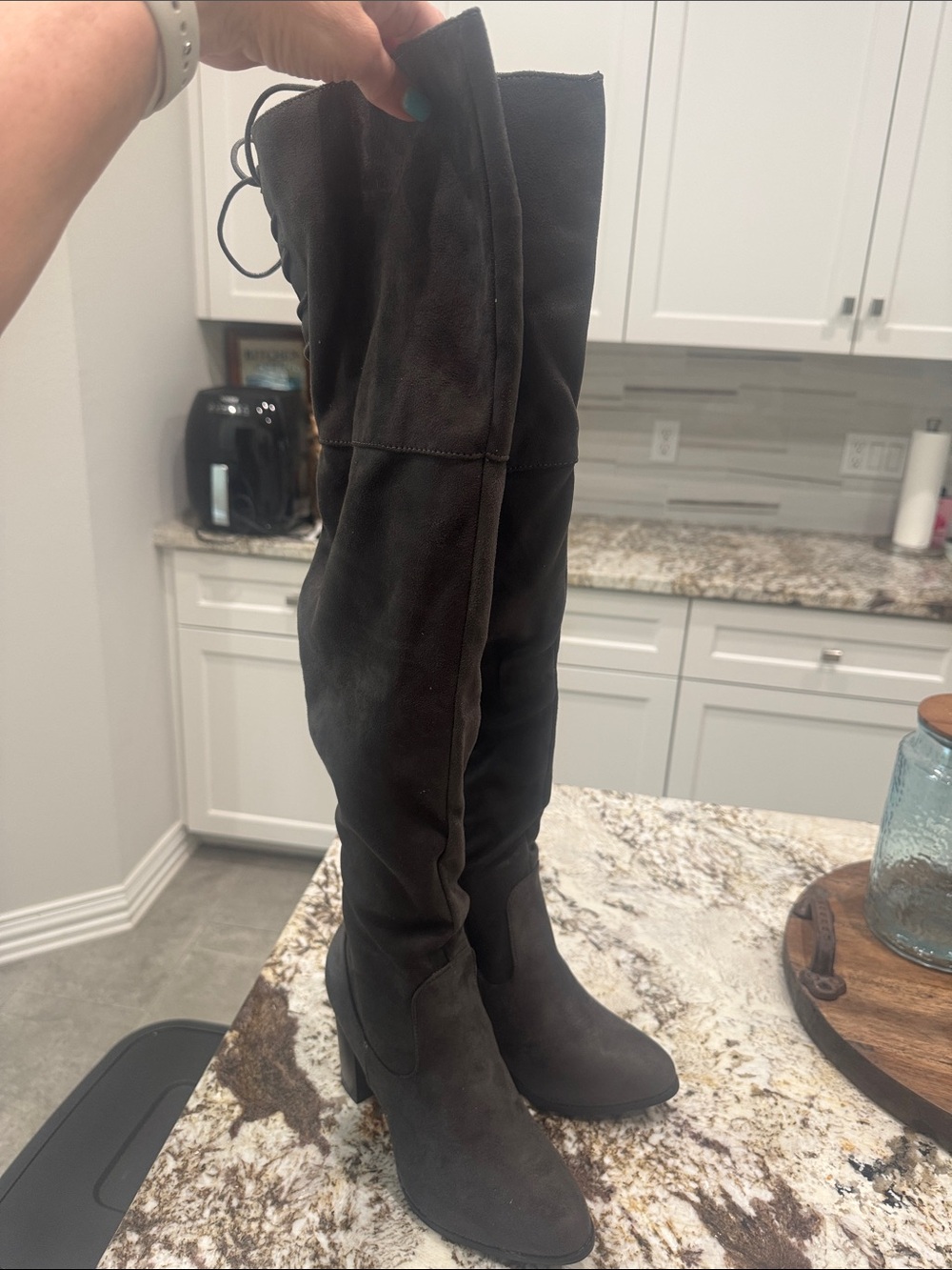 Qupid Follow My Lead Charcoal Stretch Suede Over the Knee Boots - Charcoal